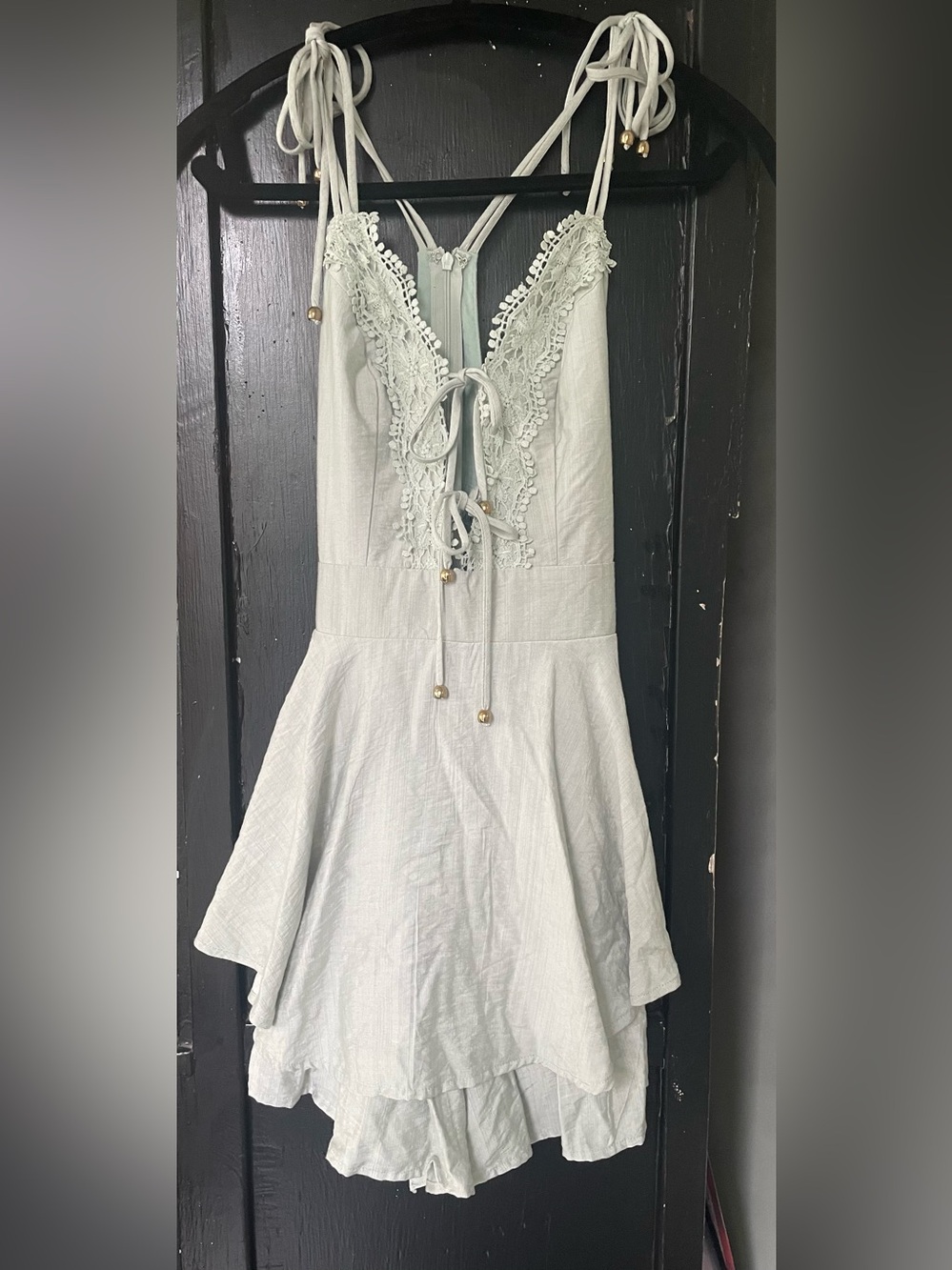 Saints + Secrets NWT SAGE Skirted Dress Romper Gold Trim Tie-Front and Back Sz S